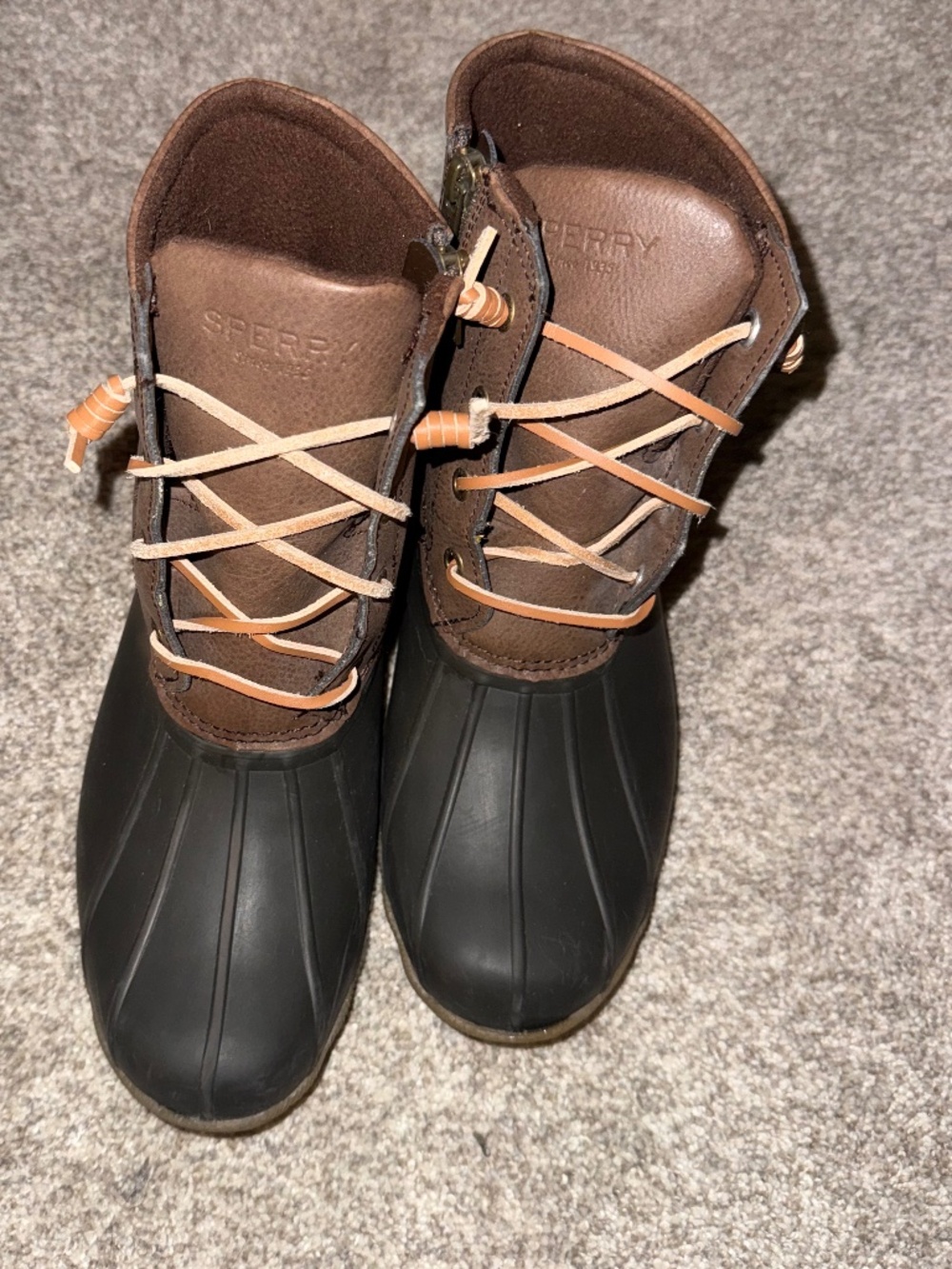 Sperry Women’s Brown Black Duck Boots Waterproof Lace Up Ankle Rain Boots
